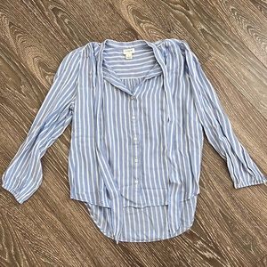 JCrew Blue & White Striped Tie Neck Button Up Blouse